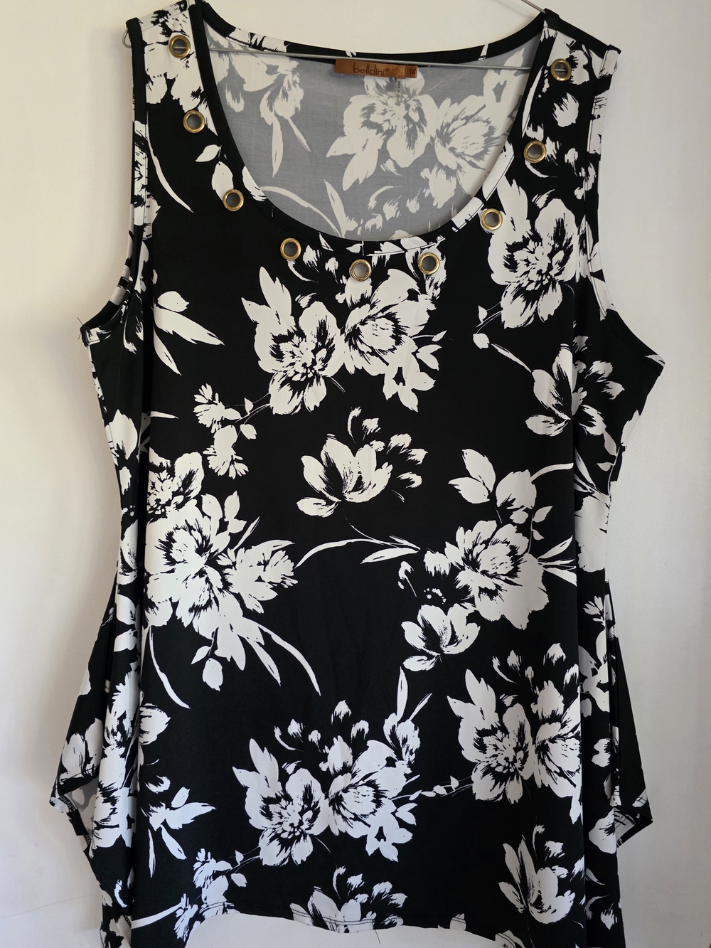 Belldini Black & White Floral Tank with Gold Patina Grommets